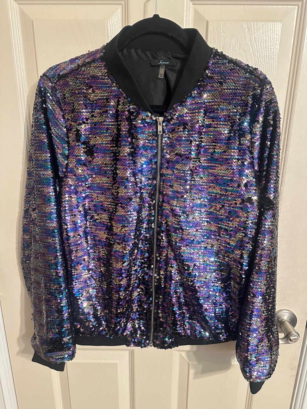 Soprano Iridescent Sequin Bomber Jacket in Purple & Blue w Black, Sz L